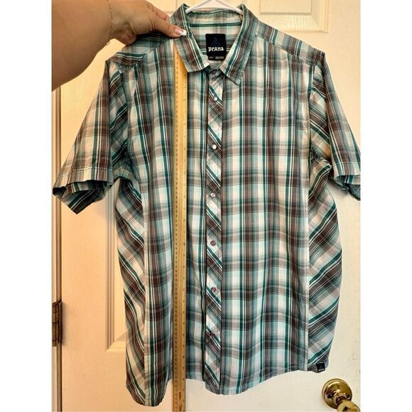 prAna Men's Milo Short Sleeve Shirt Green Plaid Pearl Snap Organic Cotton Large - Picture 6 of 9